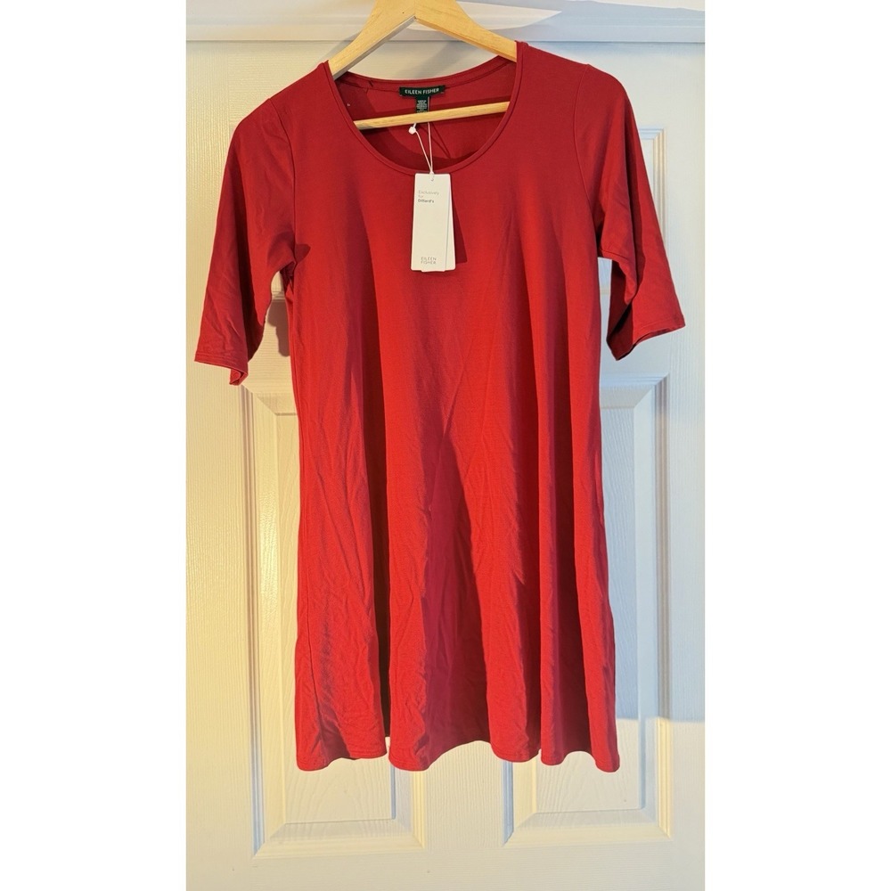 Eileen Fisher Dress Women XXS‎ Red Scoop Neck Elbow Sleeve Viscose Stretch NEW